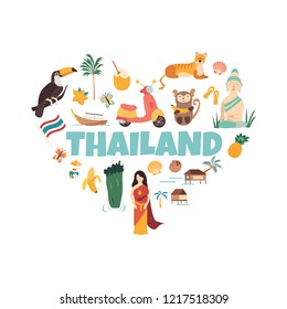 Thailand cartoon vector banner. Travel illustration with landmarks, animals and nature places. Image with tourist attractions.