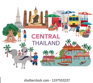 Concepto de viajes de la región central de Tailandia con monumentos locales, todo en diseño de estilo plano, ilustración, vector