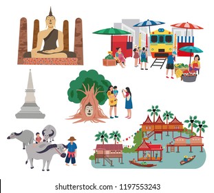 Thailand central region traveling concept with the local landmarks elements, all in flat style design, illustration, vector