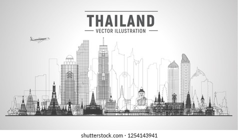 Thailand cities line skyline silhouette vector illustration on white background. Business travel and tourism concept with famous Thailand landmarks . Image for presentation, banner, web site.