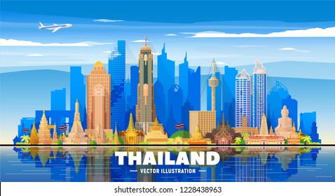 Thailand cities skyline silhouette vector illustration on white background. Business travel and tourism concept with famous Thailand landmarks . Image for presentation, banner, web site.