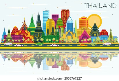Thailand City Skyline with Color Buildings, Blue Sky and Reflections. Vector Illustration. Tourism Concept with Historic Architecture. Thailand Cityscape with Landmarks.