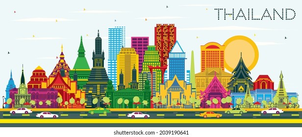 Thailand City Skyline with Color Buildings and Blue Sky. Vector Illustration. Tourism Concept with Historic Architecture. Thailand Cityscape with Landmarks.