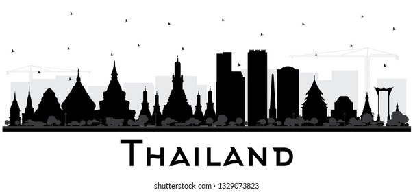 Thailand City Skyline Silhouette with Black Buildings Isolated on White. Vector Illustration. Tourism Concept with Historic Architecture. Thailand Cityscape with Landmarks.