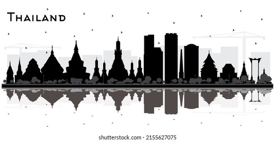 Thailand City Skyline Silhouette with Black Buildings and Reflections Isolated on White. Vector Illustration. Tourism Concept with Historic Architecture. Thailand Cityscape with Landmarks.