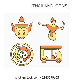 Thailand color icons set. Folklore vase, classical dance, tuk tuk, tom yum goong. Traditional culture things. Country concept. Isolated vector illustrations 