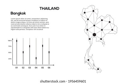 Thailand communication network map. Vector image of a low poly global map with city lights. Map in the form of lines and dots