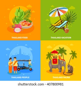 Thailand concept flat icons with food recreation people and fauna of the country vector illustration