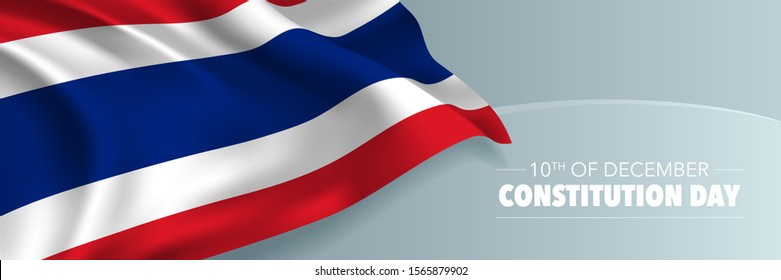 Thailand constitution day vector banner, greeting card. Thai wavy flag in 10th of December national patriotic holiday horizontal design 