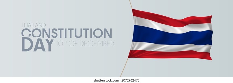 Banner vectorial del día de la Constitución de Tailandia, tarjeta de saludo. Bandera ondulada tailandesa en el 10 de diciembre Día nacional patriótico diseño horizontal