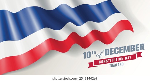 Anuncio de Vector del día de la constitución de Tailandia, tarjeta de felicitación. Bandera ondulada tailandesa en el diseño Horizontal de la fiesta patriótica nacional del 10 de diciembre