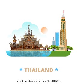 Thailand country design template. Flat cartoon style historic sight showplace web site vector illustration. World vacation travel Asia Asian collection. Sanctuary of Truth Baiyoke Tower II Bangkok.
