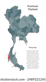 Thailand country - high detailed illustration map divided on regions. Blank Thailand map isolated on background. Vector template province Phang Nga for website, pattern, infographic