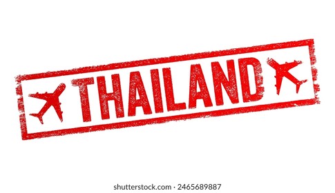 Thailand - the country located in Southeast Asia, text emblem stamp with airplane