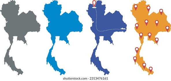 Thailand country map with 3 colors and destination dots vector illustration collection