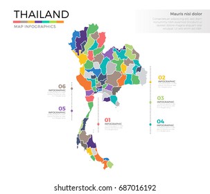 Thailand country map infographic colored vector template with regions and pointer marks