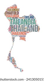 Thailand country shape word cloud. Typography style country illustration. Thailand image in text cloud style. Vector illustration.