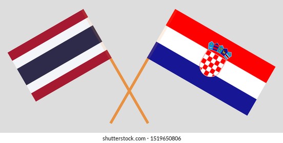 Thailand and Croatia. Crossed Thai and Croatian flags. Official colors. Correct proportion. Vector illustration

