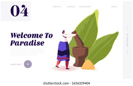Thailand Cuisine, National Food Website Landing Page. Woman in Traditional Thai Dress Grinding Seasoning in Mortar for Sauce or Cooking Spicy Food Web Page Banner. Cartoon Flat Vector Illustration
