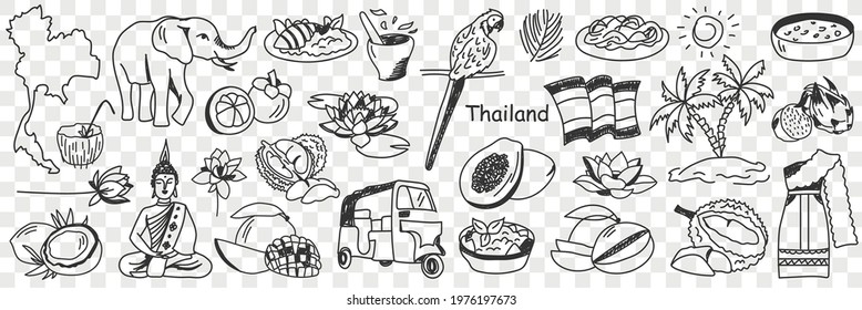 Thailand cultural symbols doodle set
