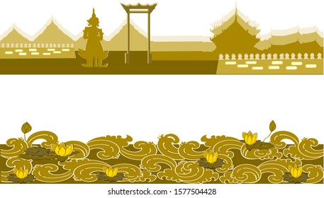 Thailand culture Buddhist temples and lotus flowers, rivers , Thai style, background, yellow, gradient color, golden,Backgrounds: Silhouette cards, blanks, text or decoration 