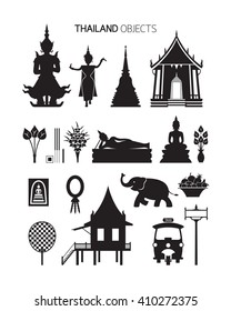 Thailand Culture Objects, Silhouette Set, Traditional, Buddhist, Temple, House, Tuk Tuk