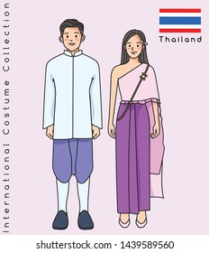 Thailand : Cute Asian couple with traditional clothes : Vector Illustration