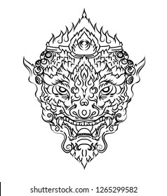 Thailand Demon mask and face vector.Thai art traditional tattoo design.Line Thai is Thailand Style and Tattoo design.