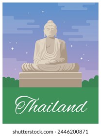 Thailand, design for postcard or travel poster. Buddha statue. Night purple sky. Flat vector illustration. 
Buddhism. 