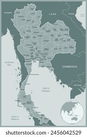 Tailandia - mapa detallado con divisiones administrativas y bandera del país. Ilustración vectorial