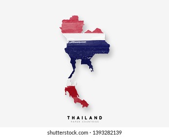 Thailand detailed map with flag of country. Painted in watercolor paint colors in the national flag.