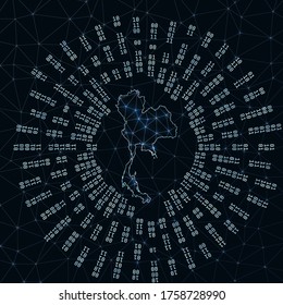 Thailand digital map. Binary rays radiating around glowing country. Internet connections and data exchange design. Vector illustration.