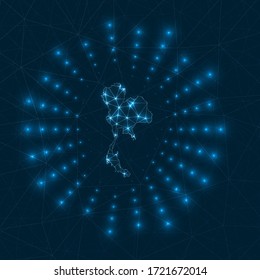 Thailand digital map with glowing rays radiating from the country. Network connections and telecommunication design. Vector illustration.