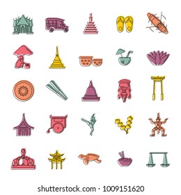 Thailand doodle icons set isolated on white background. Vector illustration with Thailand architecture, food and culture elements web icons in doodle style.