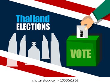 Thailand Elections 2019 is coming up, Box for vote  and The democracy monument shadow on color of Thai flag background
