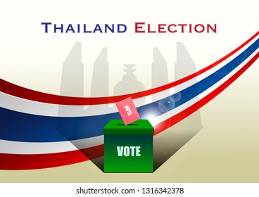 Thailand Elections is coming up, Box for vote  and The democracy monument shadow on color of Thai flag background