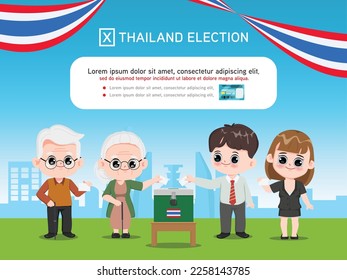 Thailand Elections. People character with Box for vote and The democracy monument shadow background. Cartoon vector design.