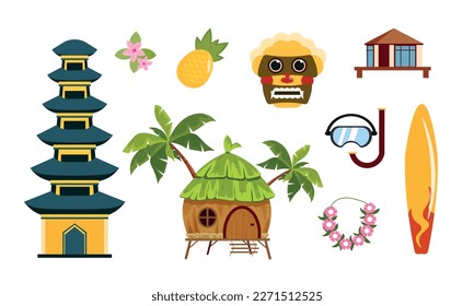 Thailand equipment set isolated on white. Vector illustration of Buddhist pagoda, lotus flowers, pineapple, mask, island house, bungalow, flower necklace, surfboard, diving mask in cartoon style.