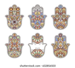 Thailand ethnic hand drawn hamsa hands. Vector ornaments