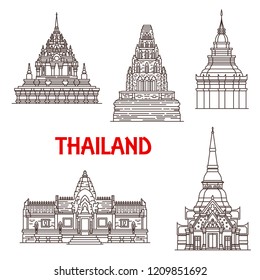 Thailand famous historic Buddhist landmark temples. Vector Wat Phra Borommathat in Ayutthaya, Prasat Phanom Rung in Buriram, Chama Thewi and golden Pagoda and Hua Hin Khao Takiab