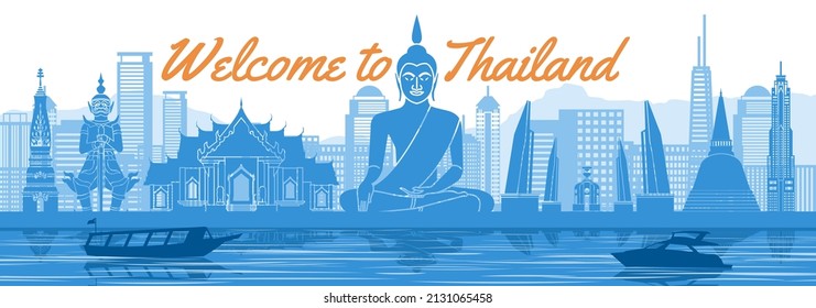 Thailand famous landmark with blue and white color design,vector illustration