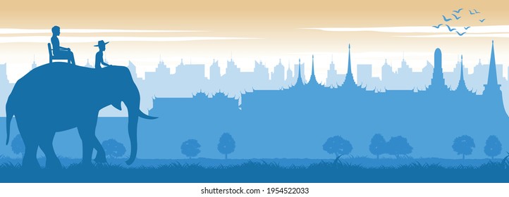 Thailand famous landmark called royal grand palace in scenery design and tourist on elephant back with silhouette design in blue and orange yellow color,vector illustration