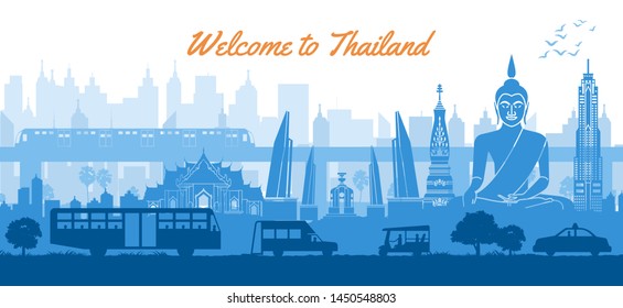 Thailand famous landmark in scenery design blue color silhouette design, vector illustration