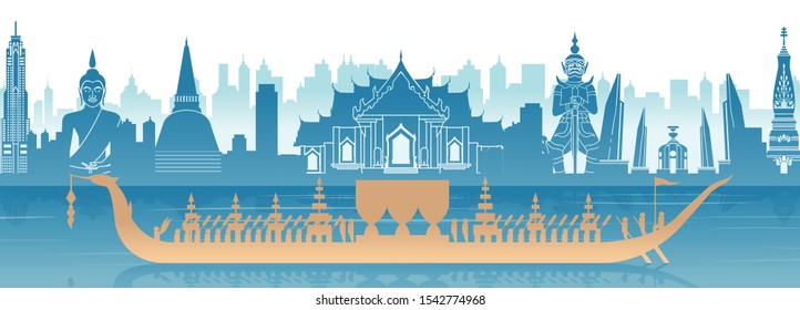 Thailand famous landmark in scenery design and royal Thai boat silhouette design in blue and orange yellow color,vector illustration