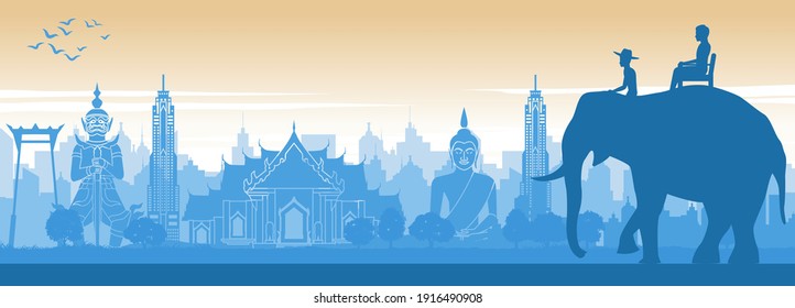 Thailand famous landmark in scenery design and tourist on elephant back with silhouette design in blue and orange yellow color,vector illustration