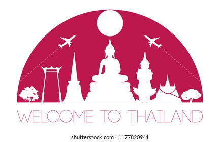 Thailand famous landmark silhouette in half circle shape with red pink color style,travel and tourism,vector illustration