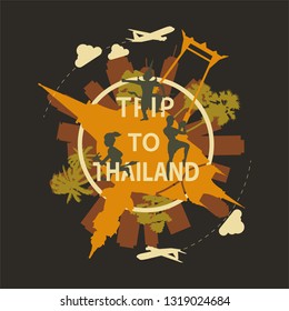 Thailand famous landmark silhouette overlay style around text,vintage design,vector illustration