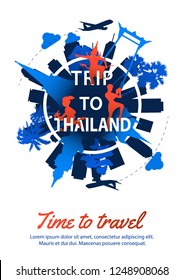 Thailand famous landmark silhouette style around text,national flag color red and blue design,travel and tourism,vector illustration
