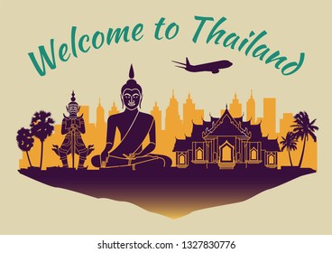 Thailand famous landmark silhouette style on float purple island and green country name text,travel and tourism,vector illustration