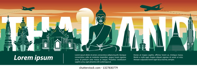 Thailand famous landmark silhouette style,text within,travel and tourism,sunset tone color theme,vector illustration